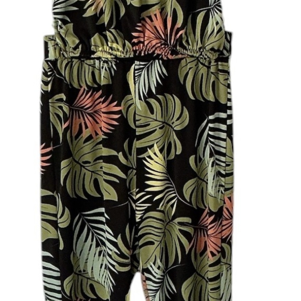Women's Black Tropical Print Jumpsuit with Green and Coral Leaves